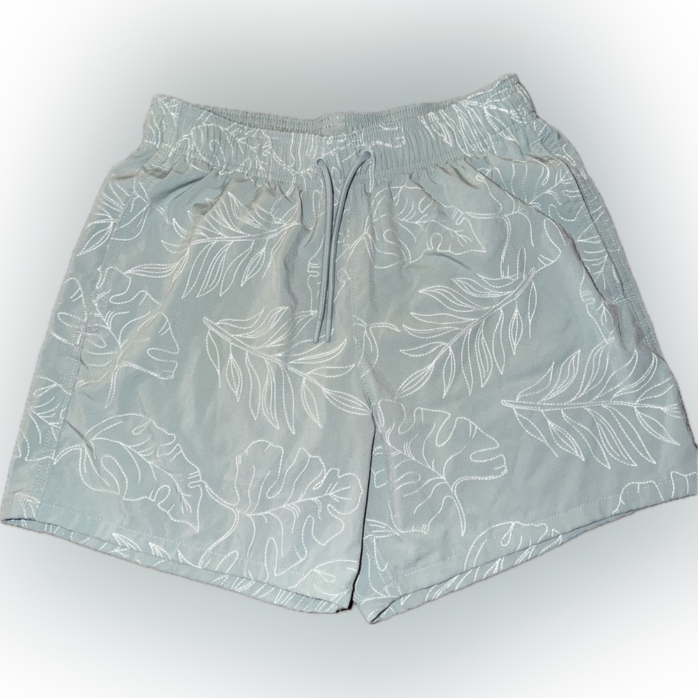Hollister Pale Teal with embroidered palm leaves Swim Trunks, Men’s Medium
